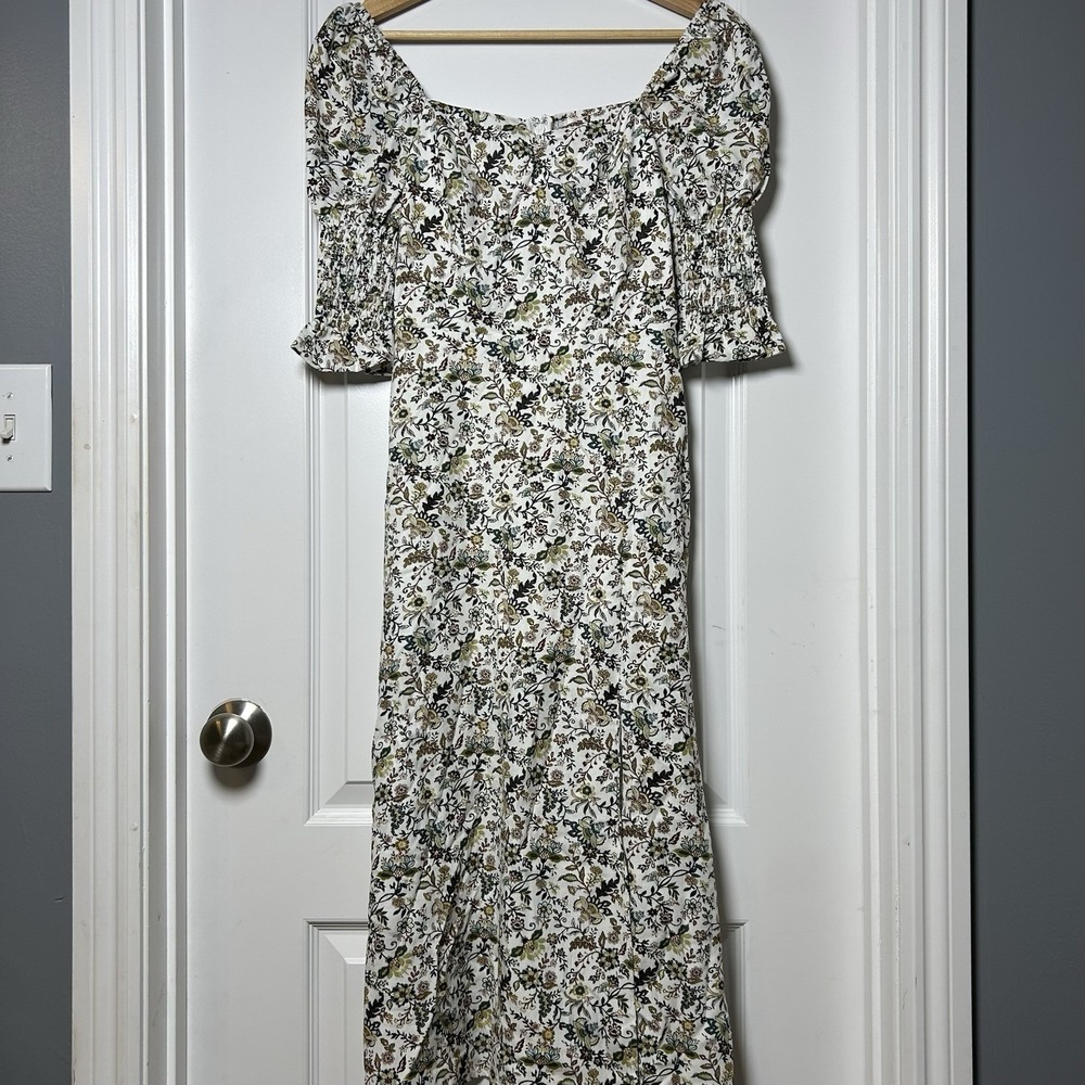 Audrey Parks Francesca's White Floral Smocked Puff Sleeve Side Slit Midi Dress